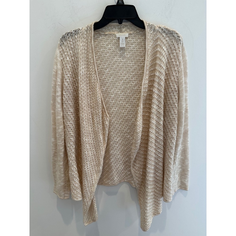 Chicos Open Front Cardigan Beige Cream Textured Knit Long Sleeve Sweater Size 1